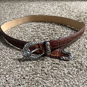 Brighton Croc-Embossed Brown Belt with Ornate Silver Buckle